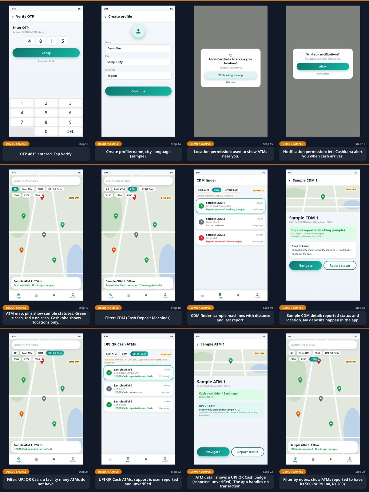 Cashkaha app design mockups showing the ATM map and status reports