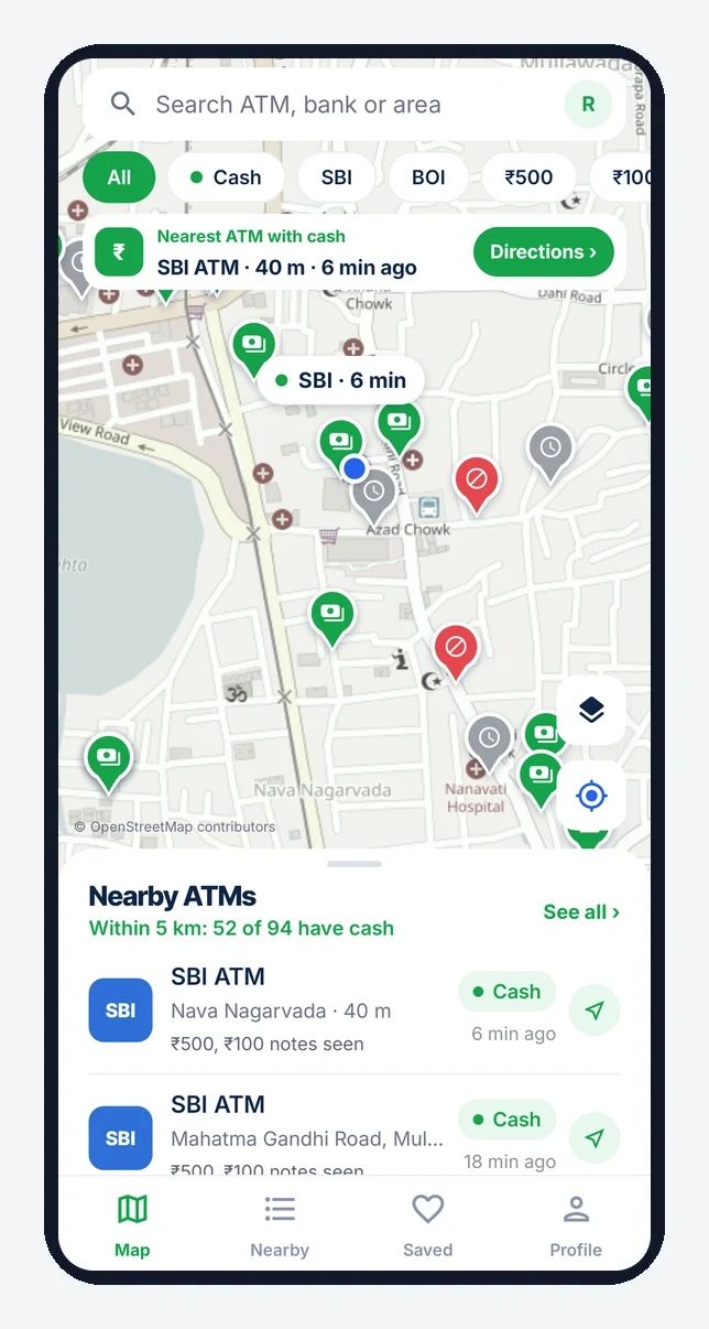 Cashkaha app: live map of nearby ATMs in Junagadh with cash status pins