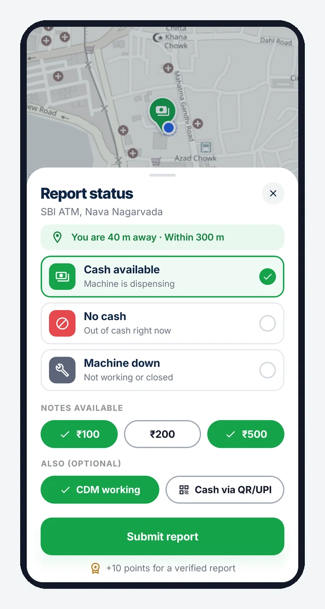 Cashkaha app: one-tap report screen - Cash available, No cash, or Machine not working
