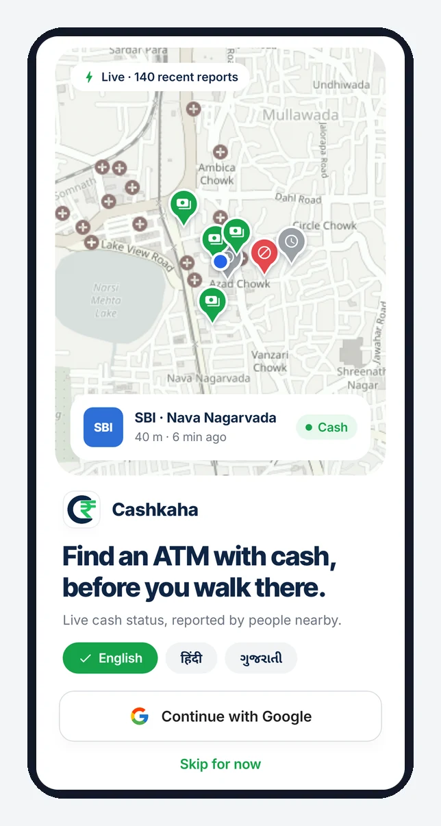 Cashkaha app: welcome screen with language choice (English, Hindi, Gujarati) and Continue with Google