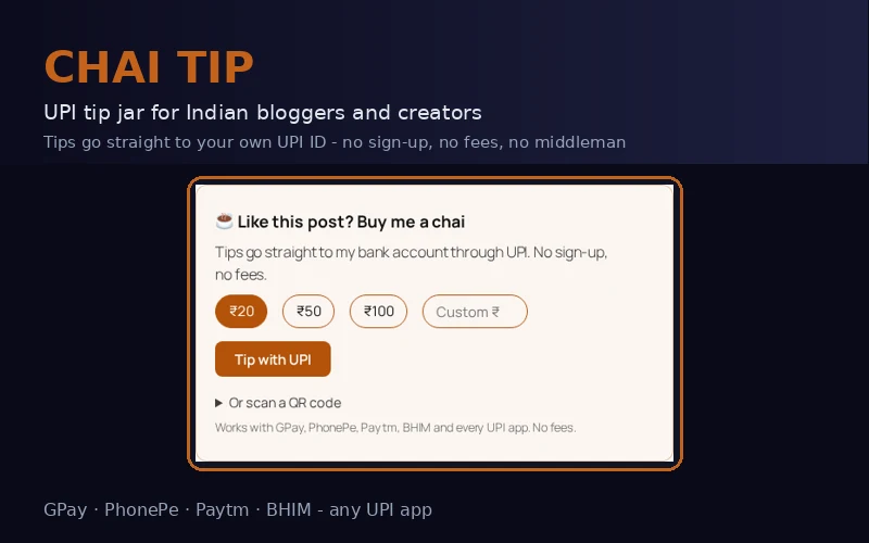 Chai Tip tip box with UPI amounts and Tip with UPI button