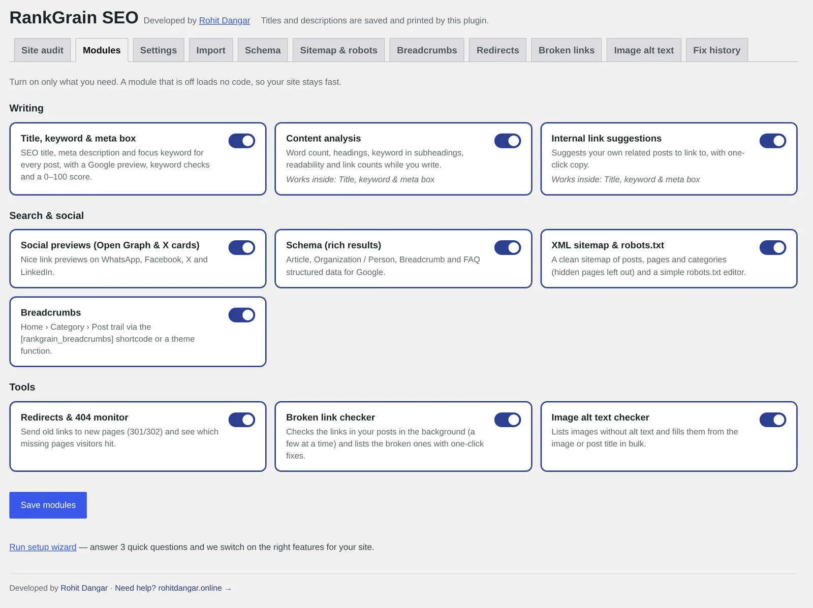 RankGrain SEO Modules page: an on/off switch for the editor box, content analysis, link suggestions, social, schema, sitemap, breadcrumbs, redirects, broken links and image alt text