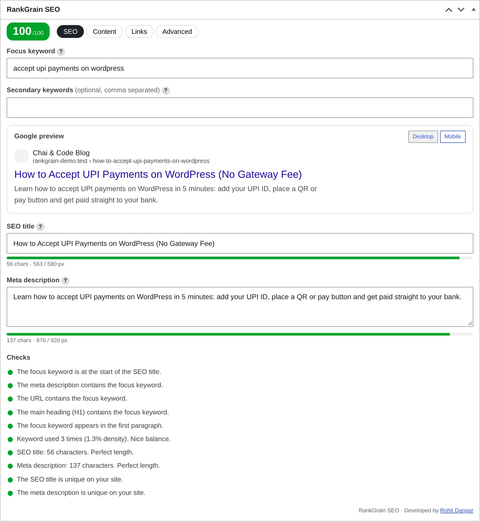 RankGrain SEO editor box: focus keyword, live Google preview for desktop, character and pixel bars, 10 SEO checks and a score of 100 out of 100