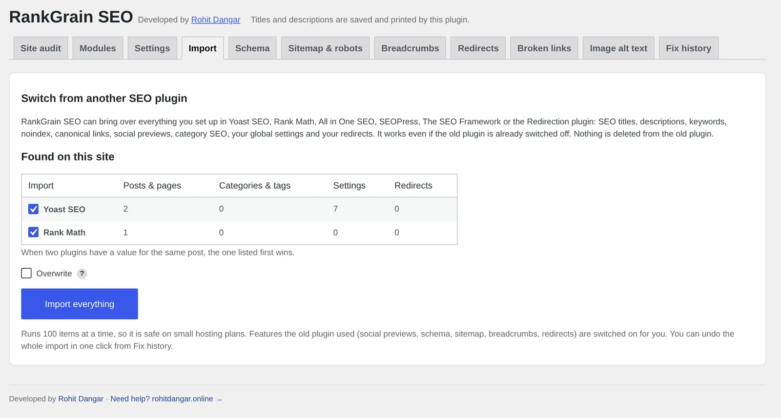 RankGrain SEO Import screen: detected Yoast SEO and Rank Math data with counts, an Overwrite option and the Import everything button