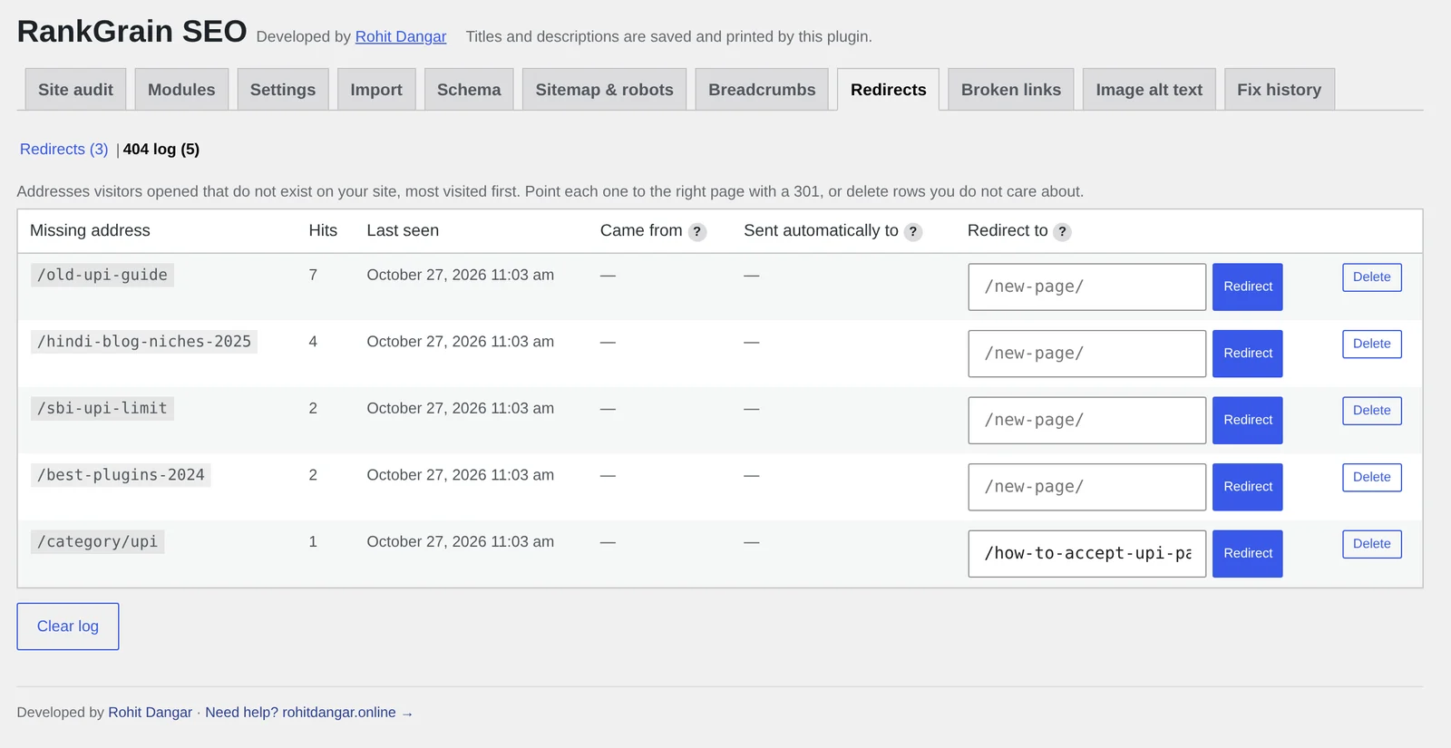 RankGrain SEO 404 log: missing paths with hit counts, last seen date and a one-click Redirect button