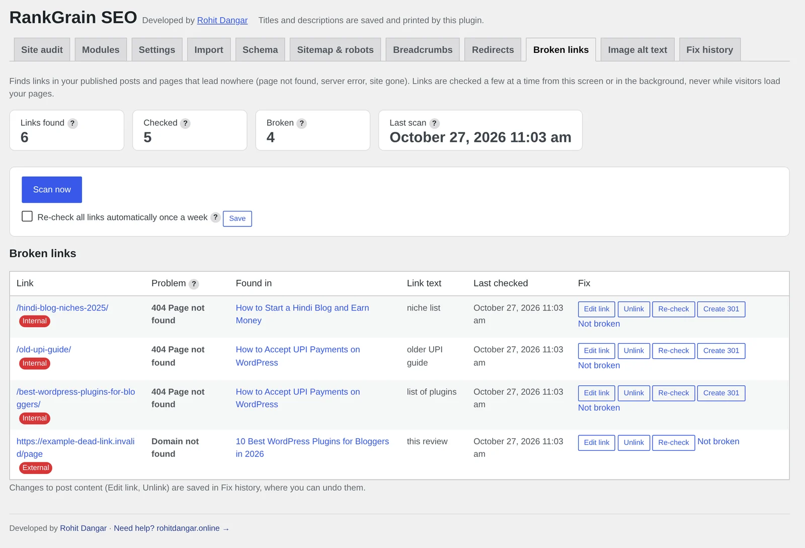 RankGrain SEO broken links screen: links found, checked and broken, with Edit link, Unlink, Re-check and Create 301 actions for each broken link