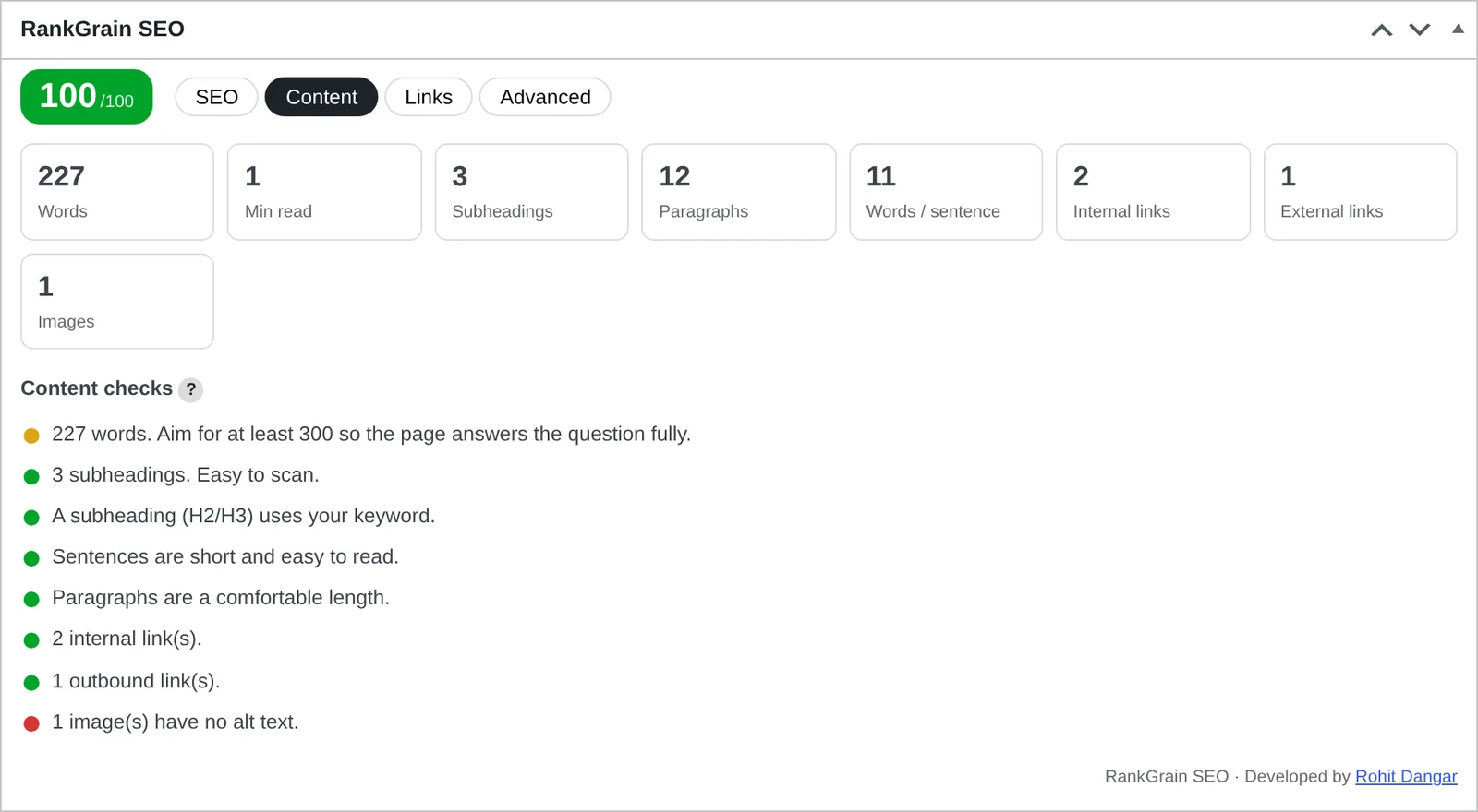 RankGrain SEO content tab: word count, subheadings, keyword in H2 and H3, readability, links and images