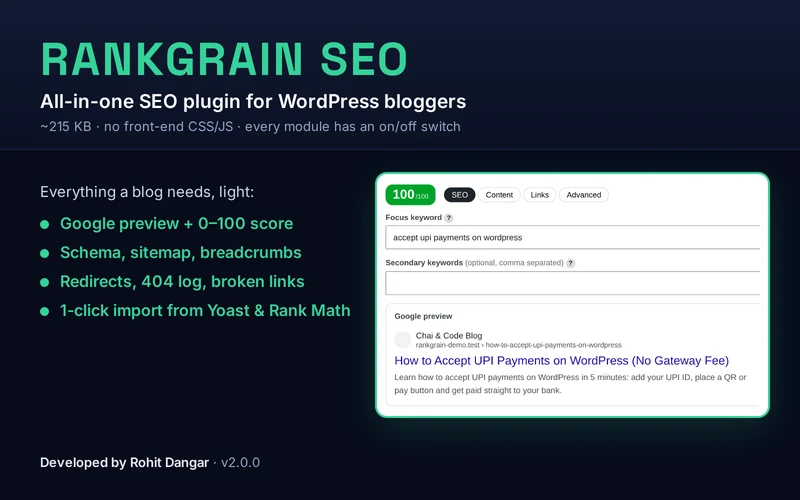 RankGrain SEO editor box with a live Google preview and a 100/100 SEO score