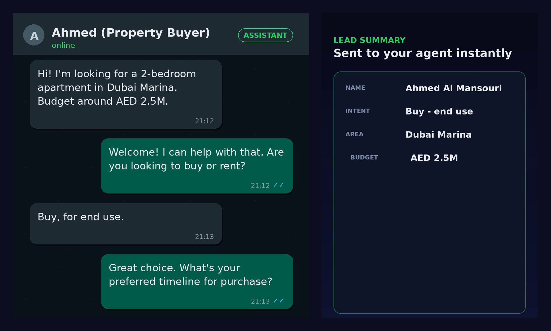 Demo of the real estate WhatsApp assistant: a buyer chat and the lead summary card